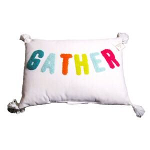 GATHER Decorative Pillow White with Colorful Chenille Letters Tassels 10x14 inch